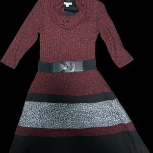 Westport 1962 Women's Sweater Dress 3/4 Sleeve - Burgundy/Black/Grey - M